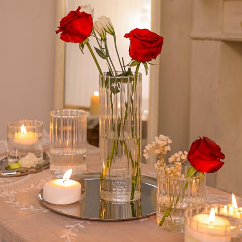 ComSaf Glass Cylinder Vases Pack of 12, Clear Ribbed Bud Vases for Centerpieces Weeding Decoration, 4 inch 6 Inch 10 Inch Tall Clear Flower Vases in Bulk, Hurricane Candle Holder for Party Home Decor - size: 4+6+10 Inch Tall (Assorted)