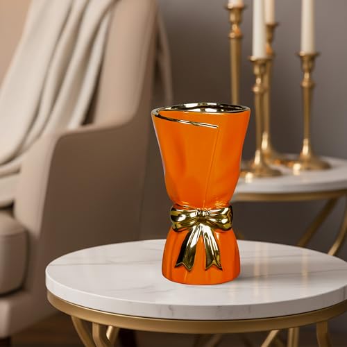 Orange Ceramic Vase for Pampas Grass, Bow Modern Vases Home Decor, 10 Inch Centerpiece Vase for Dining Table, Autumn, Kitchen Decor, Fireplace, Bathroom Decorations - color: Orange, size: 10 inch