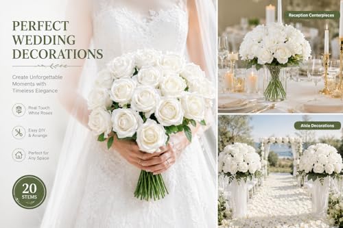 20 Pcs Artificial White Roses, Real Touch Silk Flowers for Home Decor, Wedding Centerpieces, Bouquets, Crafts & DIY Floral Arrangements, 20 Inches Tall