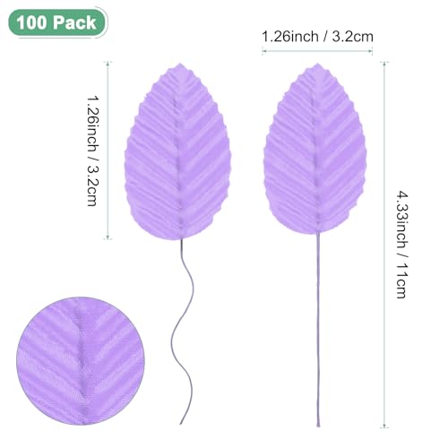 M METERXITY 100-Pack Artificial Silk Leaf, Faux Wire Single Leaves, Fake Flower Leaf with Stem for DIY Bouquet/Wreaths/Wedding/Garland/Party Decorations, Fake Rose Craft Leaves [Purple] - color: Purple
