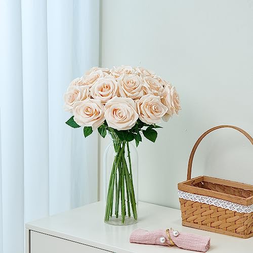 15pcs Champagne Roses Artificial Flowers Silk Fake Flowers Realistic Faux Roses Bouquet Long Stem for Wedding Home Party Birthday Decoration - color: Champagne