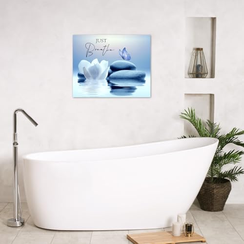 LB Zen Wall Art for Bathroom Butterfly and White Water Lily Flower on Blue Canvas Wall Art Wall Paintings Home Decor Modern Wall Pictures for Living Room Bedroom Office Ready To Hang,16x12 Inch - color: Blue, size: 12"L x 16"W