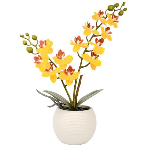 Artificial Orchid Yellow Flower Potted in White Pot, Real Touch Faux Phalaenopsis Orchid for Wedding Home Office Party Decor - color: Yellow