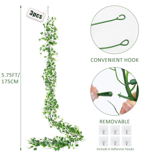 RECUTMS 3 Pack Artificial Vine Greenery Decor - White Leaf Garland for Balcony, Mantle, Table, Arch & Backdrop Decor - color: White, size: Ivy Garland