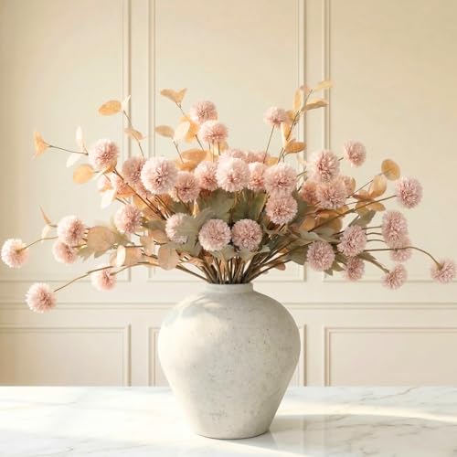 Artificial Flowers for Vase - Beige Silk Mums 10 Long Stems with Eucalyptus, Faux Flowers Home Decor, Neutral Tan Cream Floral Arrangement, Fake Chrysanthemum Pom Pom Stems, Summer Fall Centerpiece - color: Beige