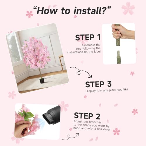 4FT Pink Artificial Cherry Blossom Tree, Realistic Potted Faux Cherry Tree, Silk Flower Fake Tree, Artificial Plants for Home Office Wedding Party Indoor Outdoor Front Door Decoration - size: 4FT