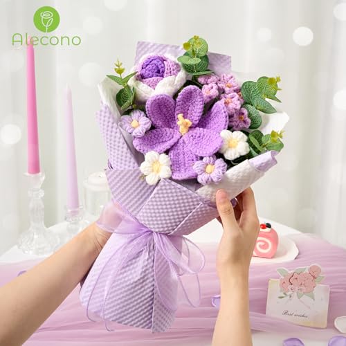 Alecono Crochet Flower Bouquet, Knitted Flowers, Purple Handmade Bouquet of Flowers for Lover Anniversary Birthday Party Mother's Day Graduation Gifts (Include Card) - color: Purple