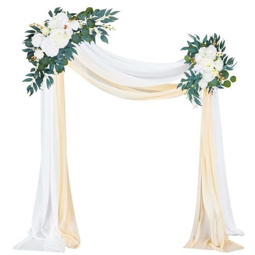 Thiccywoov 4 Pcs Wedding Arch Flowers and Drape Kit Include 2 Artificial Floral Swag and 2 White Chiffon Drapes, Faux Flower Set for DIY Wedding Party Reception Ceremony Backdrop Rose Decoration - color: Beige