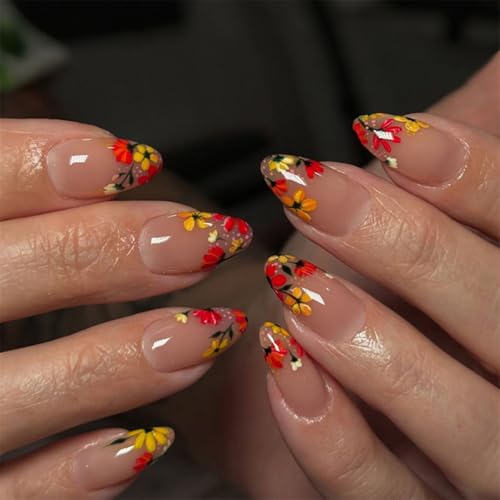 Spring Press on Nails Short Almond Fake Nails Press ons Nail Tips Kit YEFIUO Flower French False Nails Artificial Acrylic Glue on Nails Winter Floral Glossy Stick on Nails for Women Manicure 24Pcs