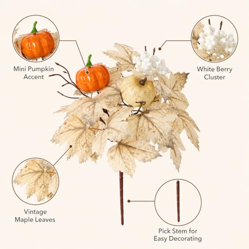 6 Pcs Fall Pumpkin Floral Picks, Artificial Maple Leaf Berry Stems, Thanksgiving Wreath Centerpiece Vase DIY Decorations - color: Red Yellow