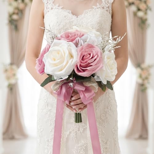 Wedding Bouquets for Bride, Ivory White & Dusty Pink Bridal Bouquet | Realistic Silk Rose for Rustic Boho Church Ceremony, Proposal, Thanksgiving, Wedding Decor - color: Dusty Pink and Ivory White