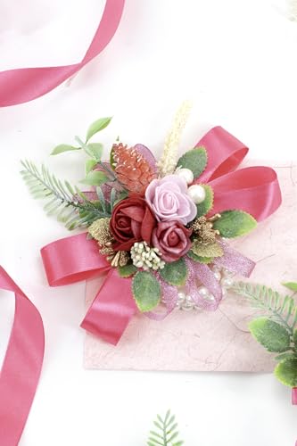 Blush Hot Pink Corsage and Boutonniere Set Wrist Corsage Wristlet for Prom Groom Flower Boutonniere for Men Wedding Party Homecoming Accessories Suit - color: Blush Hot Pink