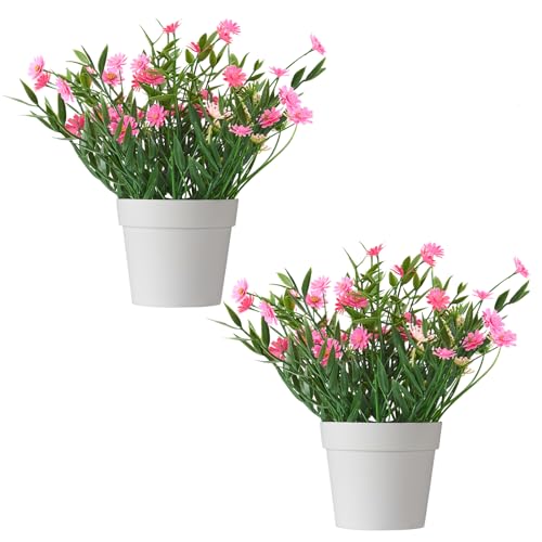 Fake Plants Daisy for Bathroom Decor, Small Potted Artificial Plants Indoor for Shelf Desk Home Bathroom Farmhouse Room Coffee Table Decor, Pink (Pack of 2) - color: Pink