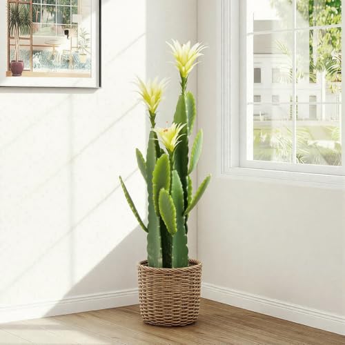 3ft Tall Artificial Cactus with Yellow Flowers in Pot, Fake Cacti Plant of Satin Finish Leaves with Real Look, Outdoor & Indoor Faux Plants for Home Office Hotel Patio Balcony or Garden Decor - color: Yellow Flower, size: 36''