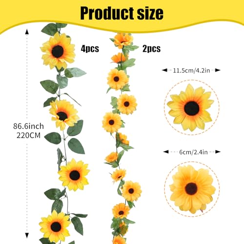 6 Pack Artificial Sunflower Garland 7.2FT Fake Silk Sunflowers Decor Hanging Yellow Flower Vines Party Garlands for Birthday Baby Shower Wedding Garden Home Table Decorations
