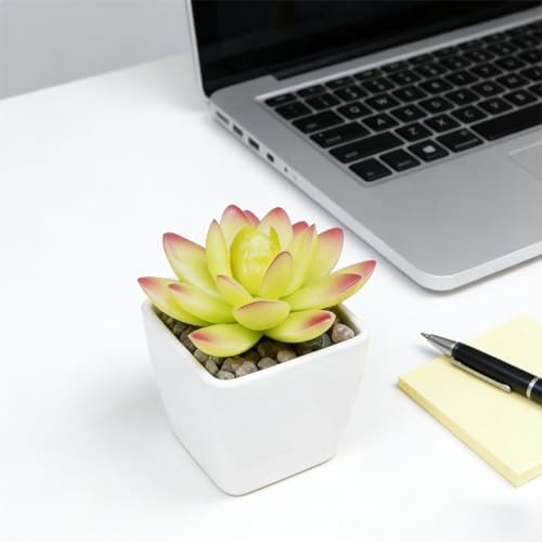 Artificial Succulent Plants in Pot - 1Pcs 5-Horned Lotus Yellow Realistic Fake Potted Succulents for Home Decor, Desk, Office, Bathroom, Windowsill - Indoor Houseplant for Bedroom, Kitchen, Shelf - color: 5-horned Lotus Yellow