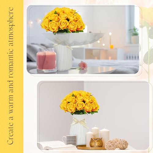 Jexine 50 Pcs Artificial Rose Flower Bulk Realistic Silk Fake Roses with Long Stem Plastic Artificial Flower Bouquet Real Looking for Home Wedding Centerpieces Party Decoration(Yellow) - color: Yellow