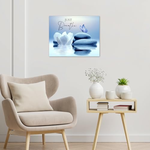 LB Zen Wall Art for Bathroom Butterfly and White Water Lily Flower on Blue Canvas Wall Art Wall Paintings Home Decor Modern Wall Pictures for Living Room Bedroom Office Ready To Hang,16x12 Inch - color: Blue, size: 12"L x 16"W