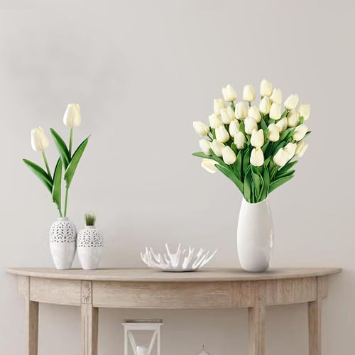 Sggvecsy 15 Pcs Fake Tulips Artificial Flowers Real Touch PU Faux Flowers Tulip Stems for Wedding Spring Bouquet Floral Arrangement Home Party Office Decorations for Mother's Day (Milk White) - color: Milk White, size: 15 Pcs
