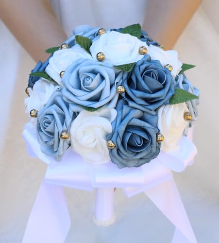 Handmade Wedding Bouquet Artificial PE Rose Bridal Bridesmaid Bouquet with Soft Ribbons Wedding Hand Holding Bouquet Artificial Fake Flowers Toss Bouquet(B-Light Blue & Blue & White, 7.9"/20cm) - color: B-light Blue & Blue & White, size: 7.9"/20cm