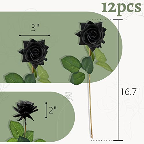 ZMZQ&flw Black Roses Artificial Flowers 12PCS, Real Touch Silk Flowers, Realistic Single Fake Flower with Individual Stems Leaves - color: Black 12pcs