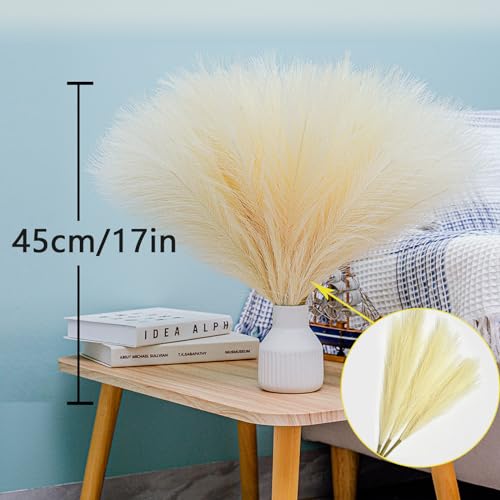 10 Stems Faux Pampas Grass - 17.7" Artificial Pampas Grass Decor Fluffy Small Pampas Grass Flower Arrangement and Vase Filler for Boho Home Wedding Mothers Day Decoration（Beige） - color: Beige