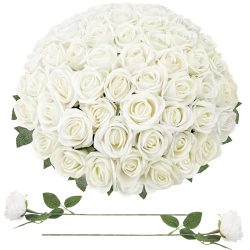 90 Pcs White Velvet Rose Artificial Flowers with Long Stems, Fake Silk Roses Real Touch Fake Roses Florals for Birthday Wedding Bouquet Party Arrangement Decorations - color: White