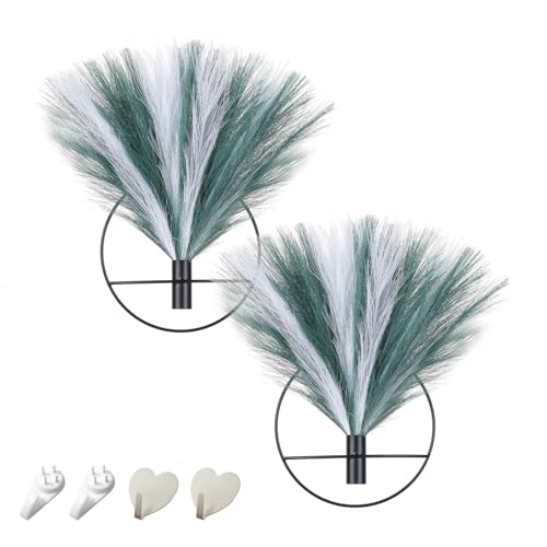 Pretty Jolly Boho Wall Decor, Wall-Mounted Metal Wall Decor, Hanging Artificial Pampas Display, Wall Art Living Room, Bedroom, Bathroom, Dining room, Plant Wall Decor 2 Pack,OldGreen,White,Black - color: 35-pampas-OldGreen&White - Black Ring, size: S 7.8i