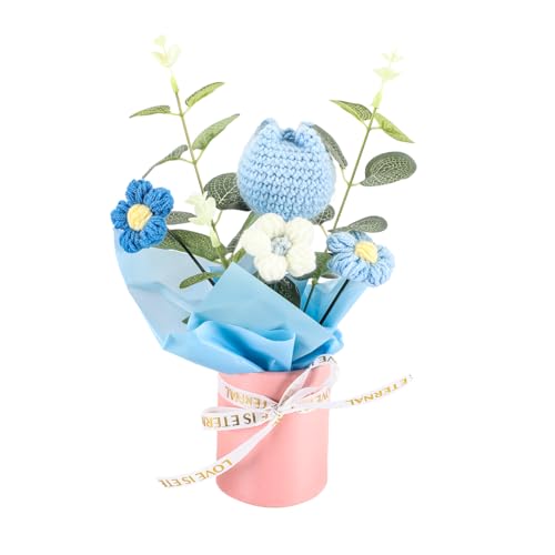 Crochet Flower Bouquet for Gift: Handmade Knitted Tulip Bouquet for Birthday Wedding Festival Valentine's Day Graduation Home Decor (Blue) - color: Blue
