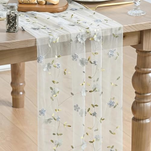 Artoid Mode Dusty Blue 3D Flower Gauze Embroidery Table Runner 120 Inch 10FT, Tulle Seasonal Spring Kitchen Dining Holiday Table Decor for Home Party - color: White-dusty Blue