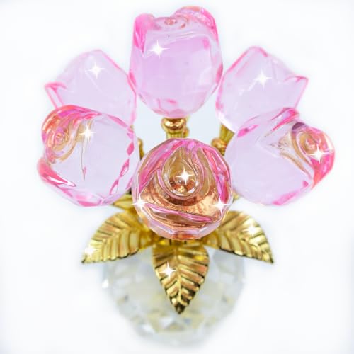 TWINKLING Crystal Roses Figurine with Round Vase, Glass Rose Crystal Flowers Bouquet, Birthday, Anniversary, Wedding, Home Decor, Gold Leaf (Pink) - color: Pink(gold Leaf)