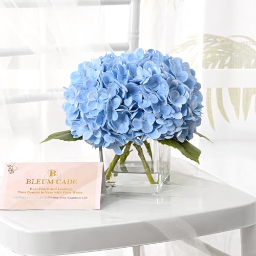 BLEUM CADE Luxury PU Fake Flowers in Vase with Faux Water, Blue Real Touch Hydrangea Artificial Flowers with Glass Vase for Office Home Dining Room Centerpiece Table Decorations - color: Hydrangea-blue