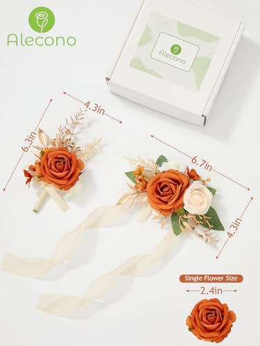 Alecono Orange Corsage and Boutonniere Set, Rose Corsage Wristlet for Women and Boutonniere for Men Wedding Prom Flower Accessories Suit Decorations - color: Orange, size: Corsage and Boutonniere Set