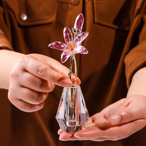 LONGWIN Crystal Artifical Tiger Lily Flowers with Vase - Pink Crystal Collectible Figurines Decorative Blooming Lily Flower for Home and Wedding - color: Pink