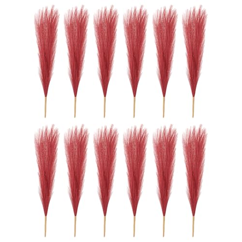 PATIKIL 17 Inch Faux Pampas Grass, 12 Pcs Boho Decor for Home Decoration Artificial Tall Fluffy Stems for Wedding Flower Party Vase Arrangement Centerpieces, Wine Red - color: Wine Red