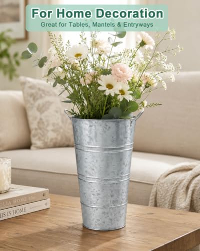 12 Inch Galvanized Metal Vases for Flowers - 6 Pcs Farmhouse Decorative Tall Flower Bucket with Handles, Rustic French Tin Planter Buckets for Wedding Decor (Silver) - color: Silver