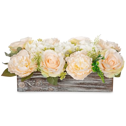 DILATATA Flower Arrangement with Wooden Vase 14" Artificial Flowers in Pot - Fake Flowers Roses Peonies Hydrangeas in Wooden Vase Potted Flower Centerpieces for Table Decor Living Room - Pale Yellow - color: 14"l Pale Yellow
