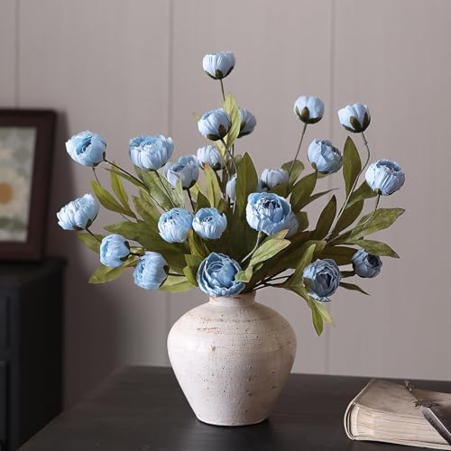 VIERENA 12 Pcs Faux Silk Peony Artificial Flowers for Vase -27", Bulk Fake Peonies Branches with Stems for DIY Bouquet Centerpieces Wedding Fillers Arrangements Shower Decorations (Dusty Blue) - color: Dusty Blue