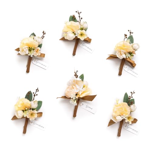 Ling's moment Boutonniere for Men, 6pcs Groom Groomsmen Boutonniere, Artificial Flowers for Wedding Decor/Prom/Homecoming, etc.Earth Brown & Butter Yellow - color: Earth Brown & Butter Yellow