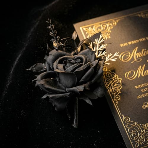 Wedding Flower Set with Rose Corsage and Boutonniere for Men (Black Boutonniere) - color: Black Boutonniere
