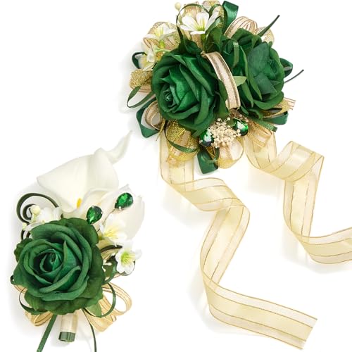Serwalin Green Prom Corsage and Boutonniere Set, Artificial Calla Lily & Rose Wrist Corsage Wristlet for Homecoming, Formal Dance, Wedding Flower Accessories Suit Decorations - color: Green