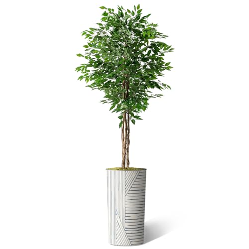 Artificial Tree in Geometric Pattern Planter, Fake Ficus Silk Tree for Indoor and Outdoor Home Decoration - 75" Overall Tall (Plant Pot Plus Tree) - style: Ficus Tree