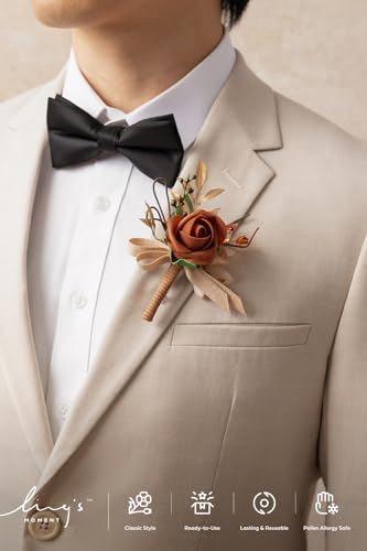 Ling's moment Boutonniere for Men, 6pcs Groom Groomsmen Boutonniere, Artificial Flowers for Wedding Decor/Prom/Homecoming, etc.Terracotta Orange - color: Or-terracotta & Orange
