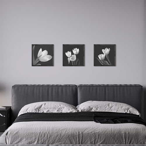 Black and White Tulip Wall Art - 3 Piece Framed Floral Pictures for Bedroom Bathroom Decor 12"x12"x3panels - color: Black and white picture, size: 12'' x 12'' x 3 Panels