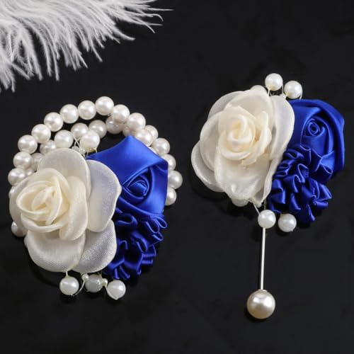 Wedding Prom Party Satin Rose Wrist Corsage Flower, 2Pcs Boutonniere and Wrist Corsage Wristband Roses Prom Flower Wedding Flowers Accessories Prom Suit Decorations (Royal Blue) - color: Royal Blue