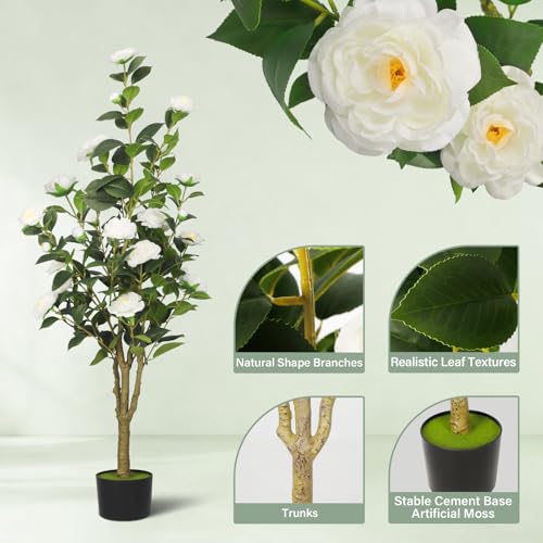 2-Pack 4FT Artificial Camellia Tree,Realistic Fake Potted Plants with Flowers&Planters,Indoor/Outdoor Faux Flowering Trees for Home,Office,Porch,Wedding,and Housewarming Gift Decor,White - color: White