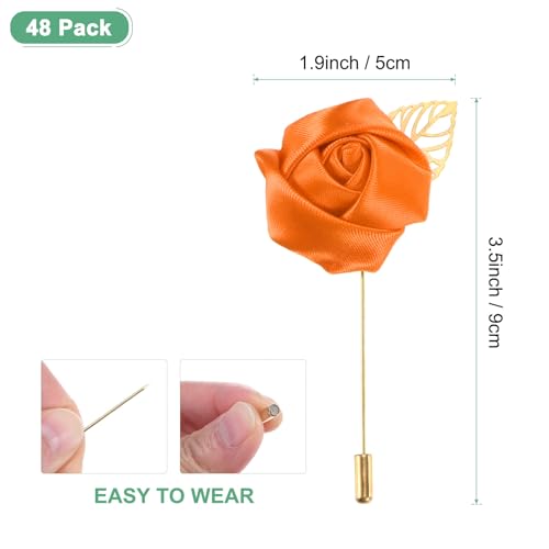 M METERXITY 48-Pack Flower Lapel Pins for Men, Golden Leaf Rose Boutonnieres Pin Groom Boutonnieres for Wedding/Dance/Party, Men Lapel Pins for Suits Satin Flower Corsage [Orange] - color: Orange