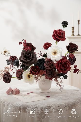 Ling's moment Fake Flowers Box, Faux Artificial Greenery Stems Foam Roses Peonies Silk Eucalyptus Leaves Fabic Flower for Centerpieces Bouquet Wedding Vase Decorations, Burgundy & Black, Deluxe Combo - color: Red-burgundy & Black, size: Deluxe