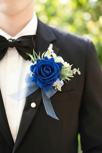 Royal Blue Corsage and Boutonniere Set, Corsage Wristlet for Women and Boutonniere for Wedding Prom Homecoming, Artificial Rose Flowers Boutonniere and Wrist Corsage - color: Royal Blue