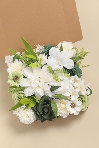YYHUAWU Artificial Flowers Combo Set Fake Flower Leaf Box with Stems for DIY Wedding Bouquets Centerpieces Flower Arrangements Decorations Baby Shower Party Home Decorations - color: White&forest Green